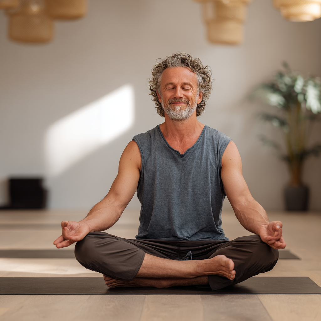 Experienced middle-aged yoga instructor demonstrating gentle pose in peaceful studio space