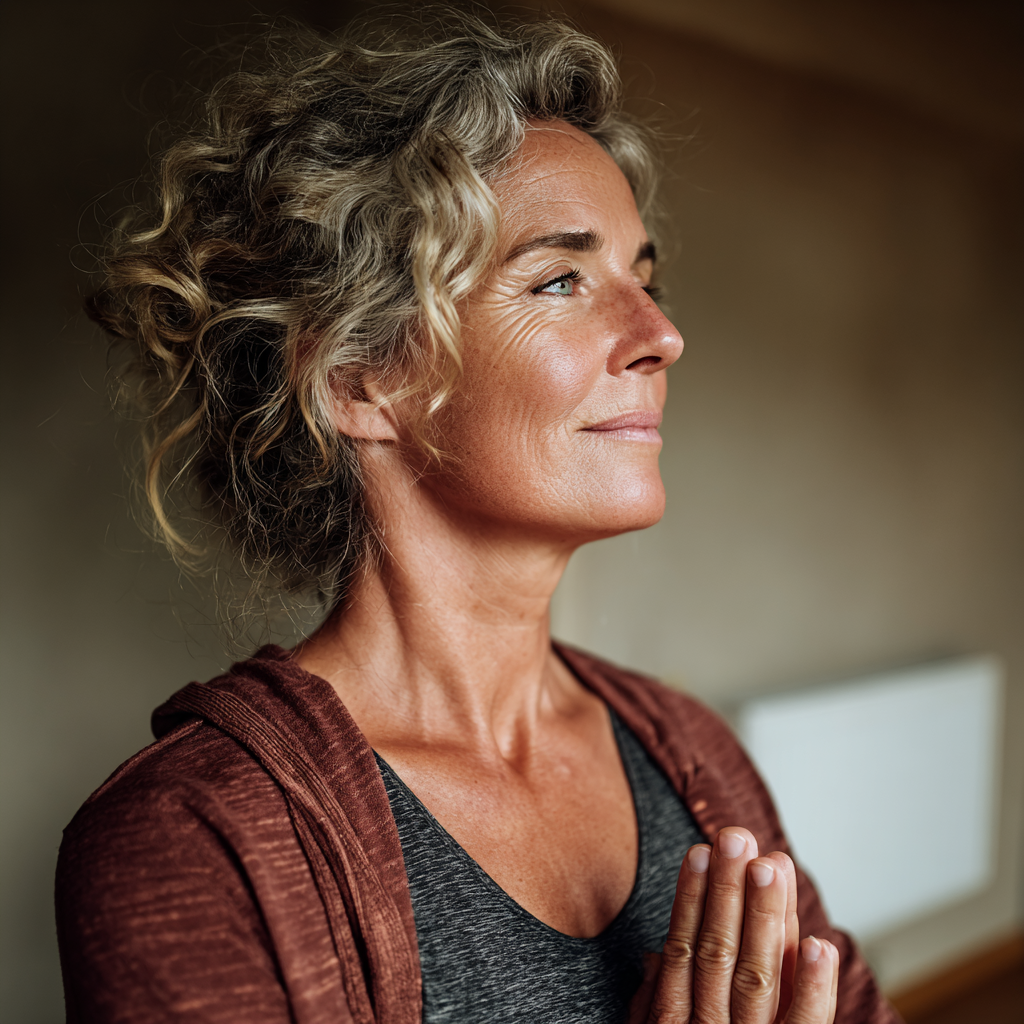 Middle-aged woman practicing gentle yoga poses in peaceful studio environment